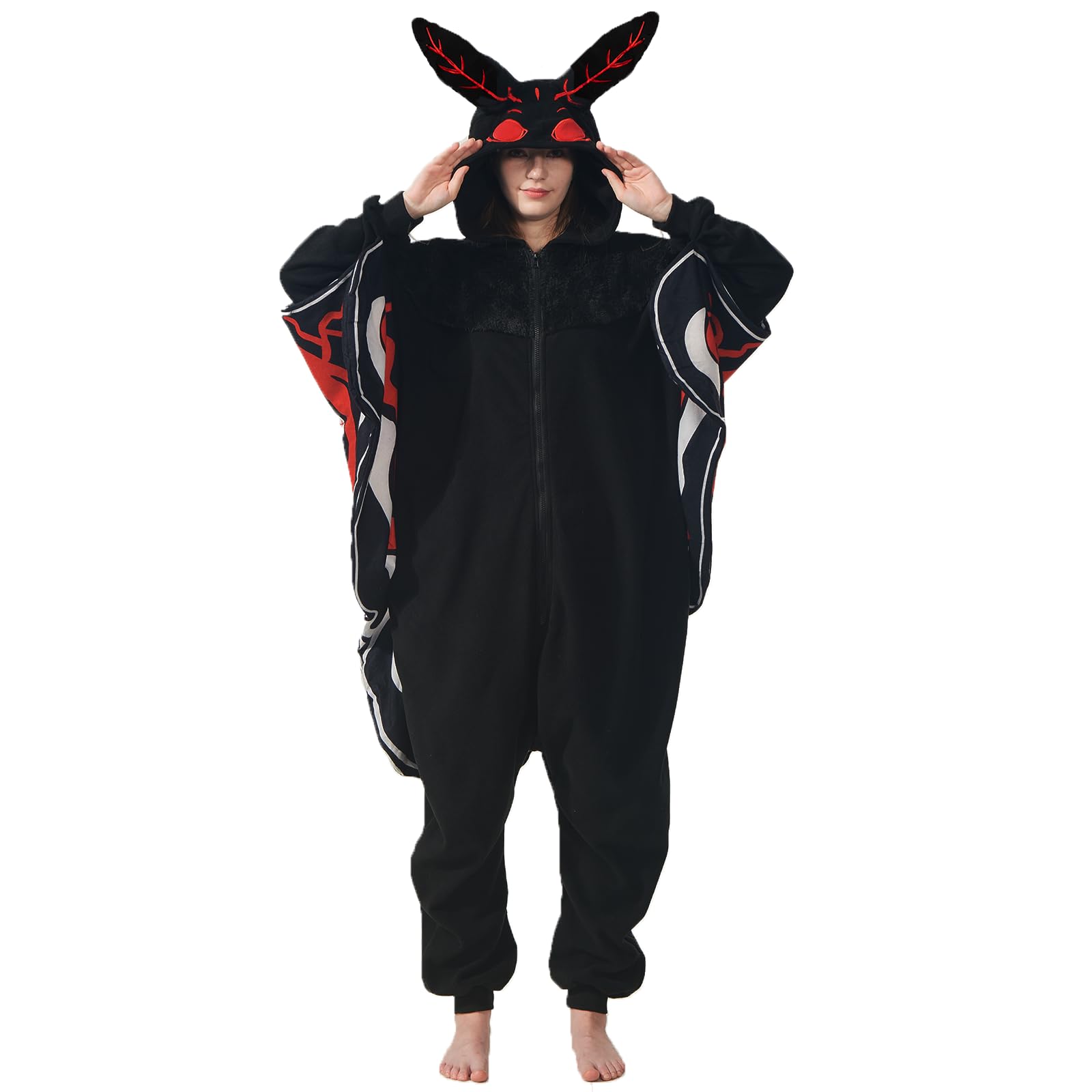 Scary Mothman Onesie – Polar Fleece Cryptid Costume with Wings & Red Eyes