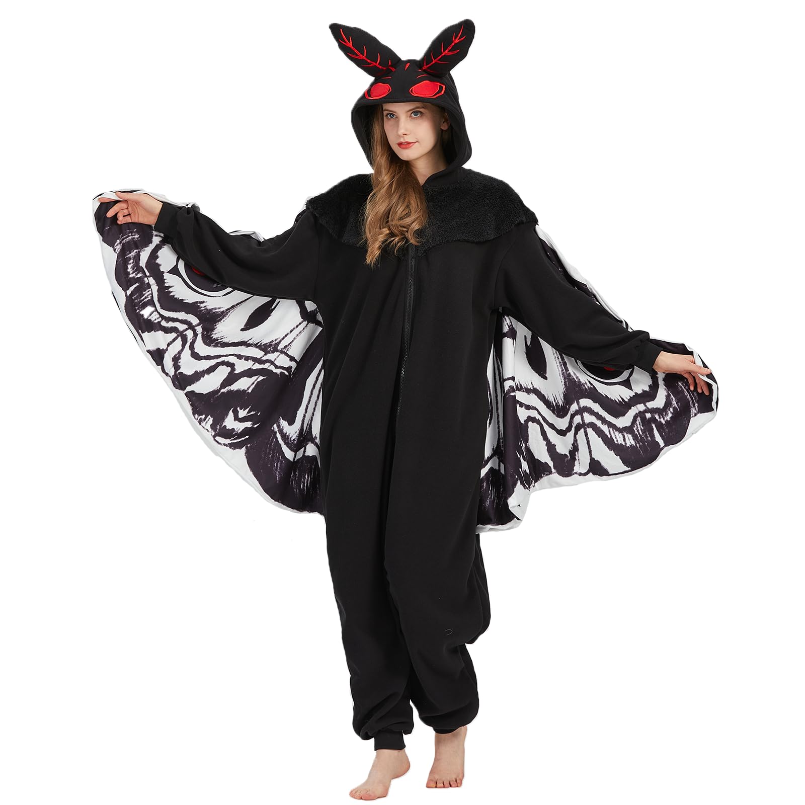Adult Mothman Onesie Costume – Cryptid Creature Pajamas with Wings, Eyes & Ears for Halloween & Cosplay