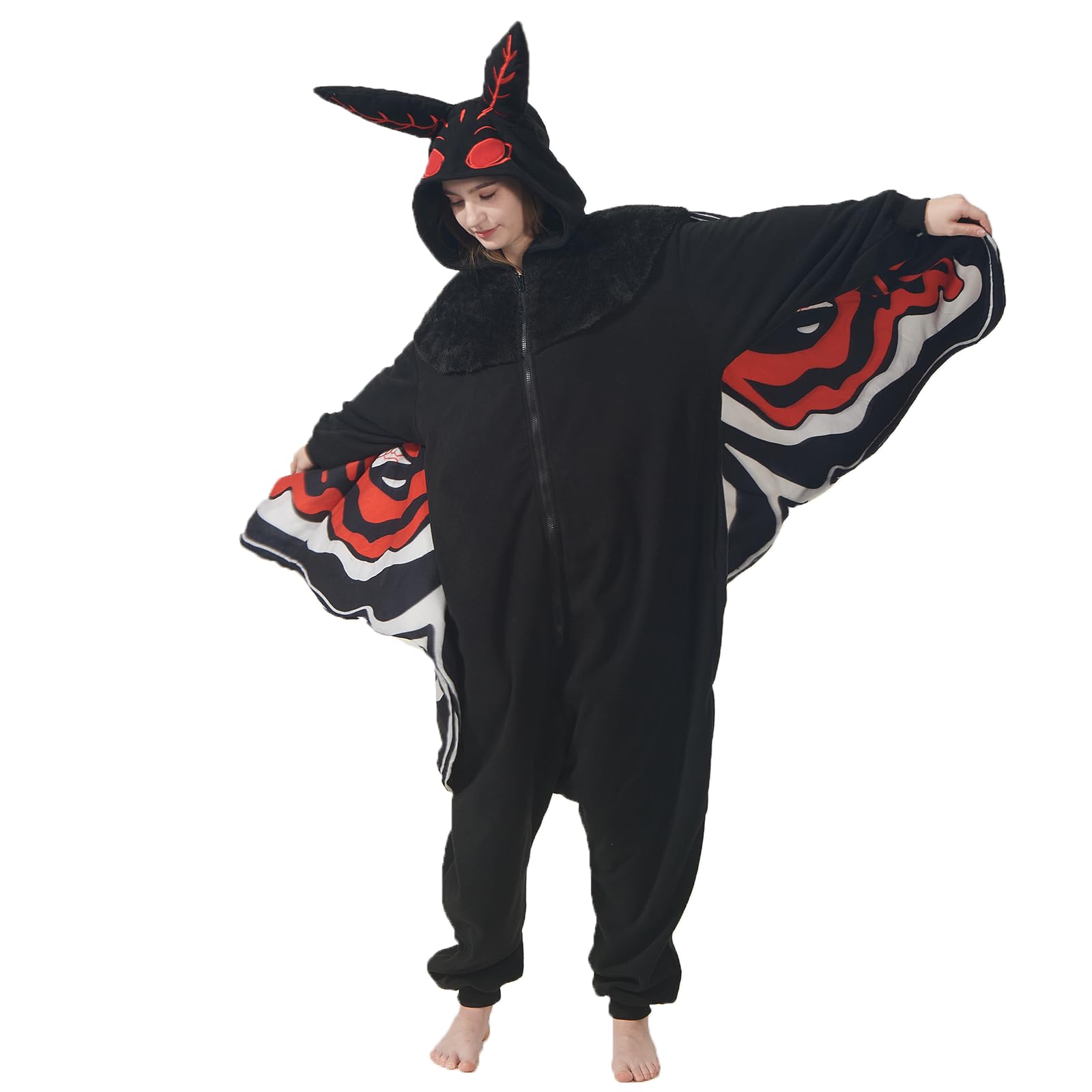 Scary Mothman Onesie – Polar Fleece Cryptid Costume with Wings & Red Eyes