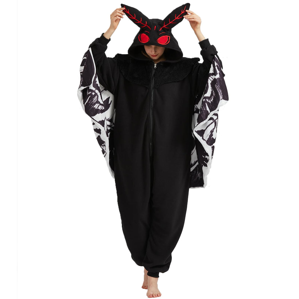 Adult Mothman Onesie Costume – Cryptid Creature Pajamas with Wings, Eyes & Ears for Halloween & Cosplay