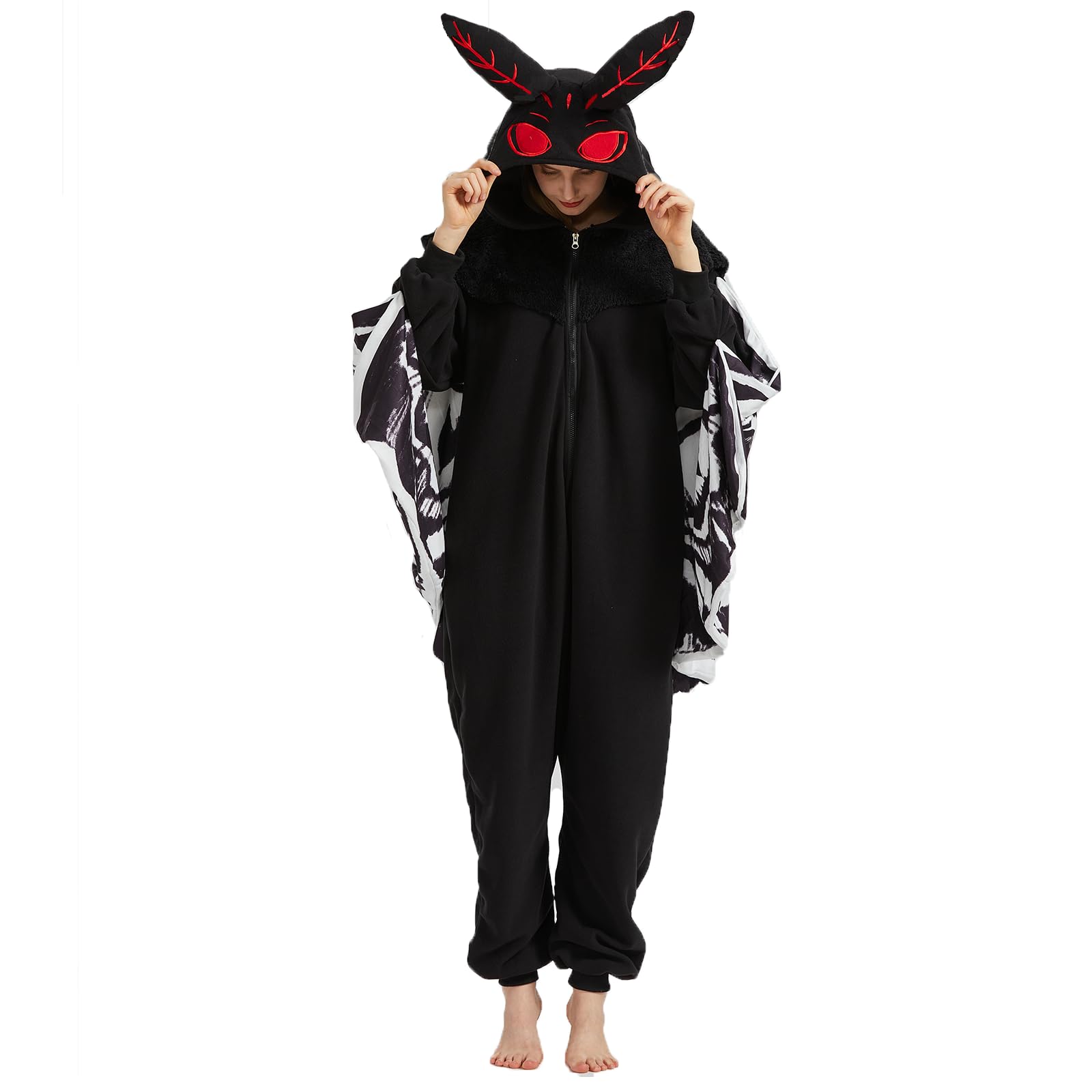 Adult Mothman Onesie Costume – Cryptid Creature Pajamas with Wings, Eyes & Ears for Halloween & Cosplay
