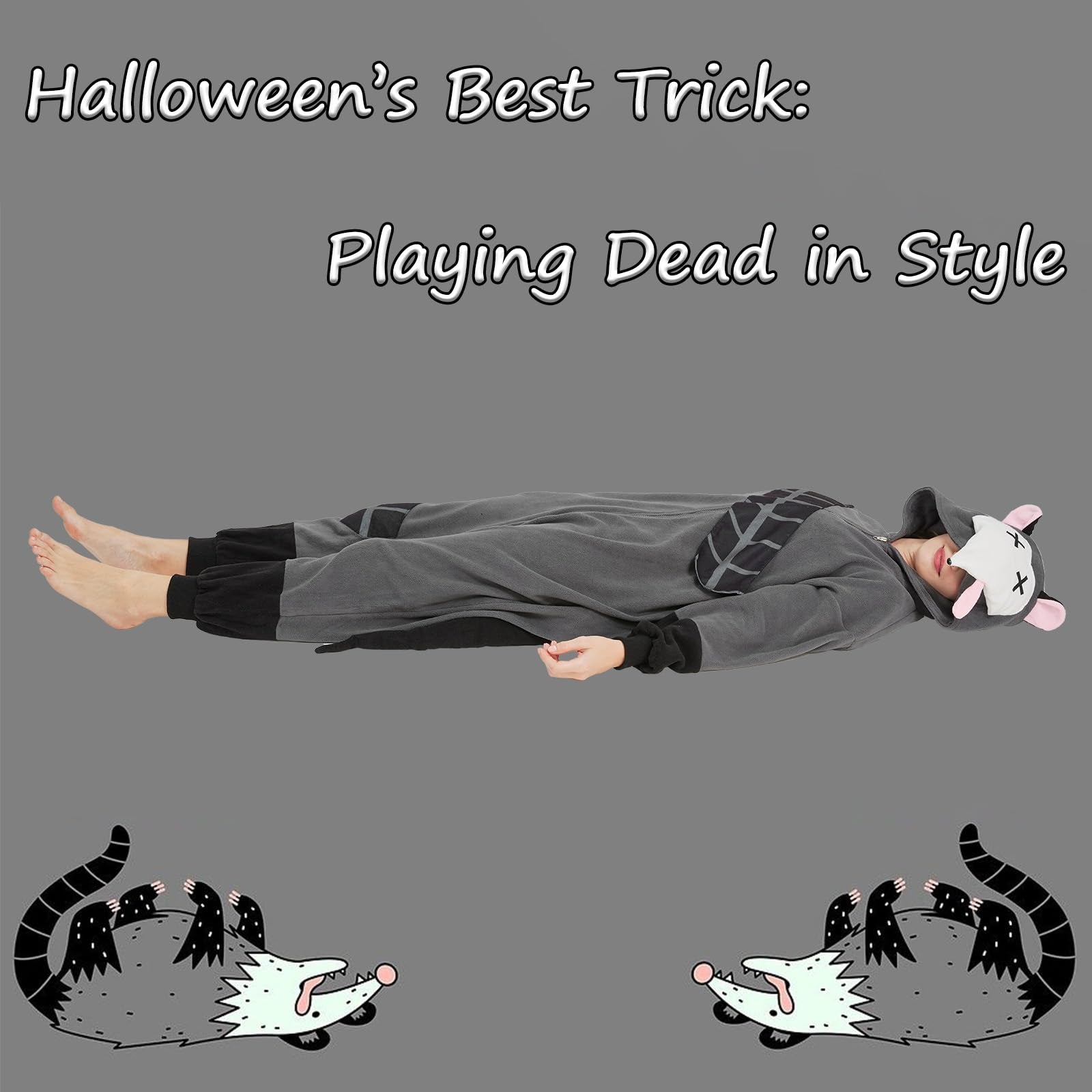 Funny Roadkill Opossum Onesie – "Playing Dead" Halloween Costume with Tire Tracks