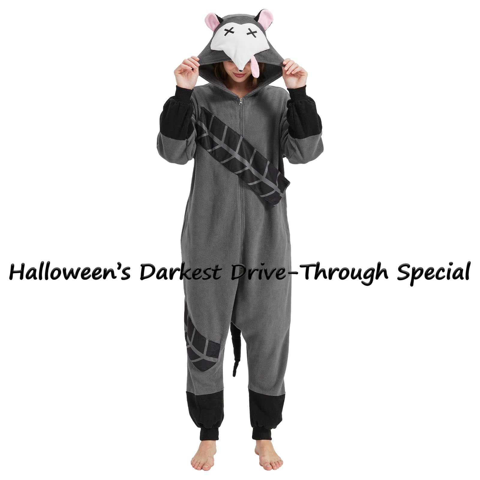 Funny Roadkill Opossum Onesie – "Playing Dead" Halloween Costume with Tire Tracks