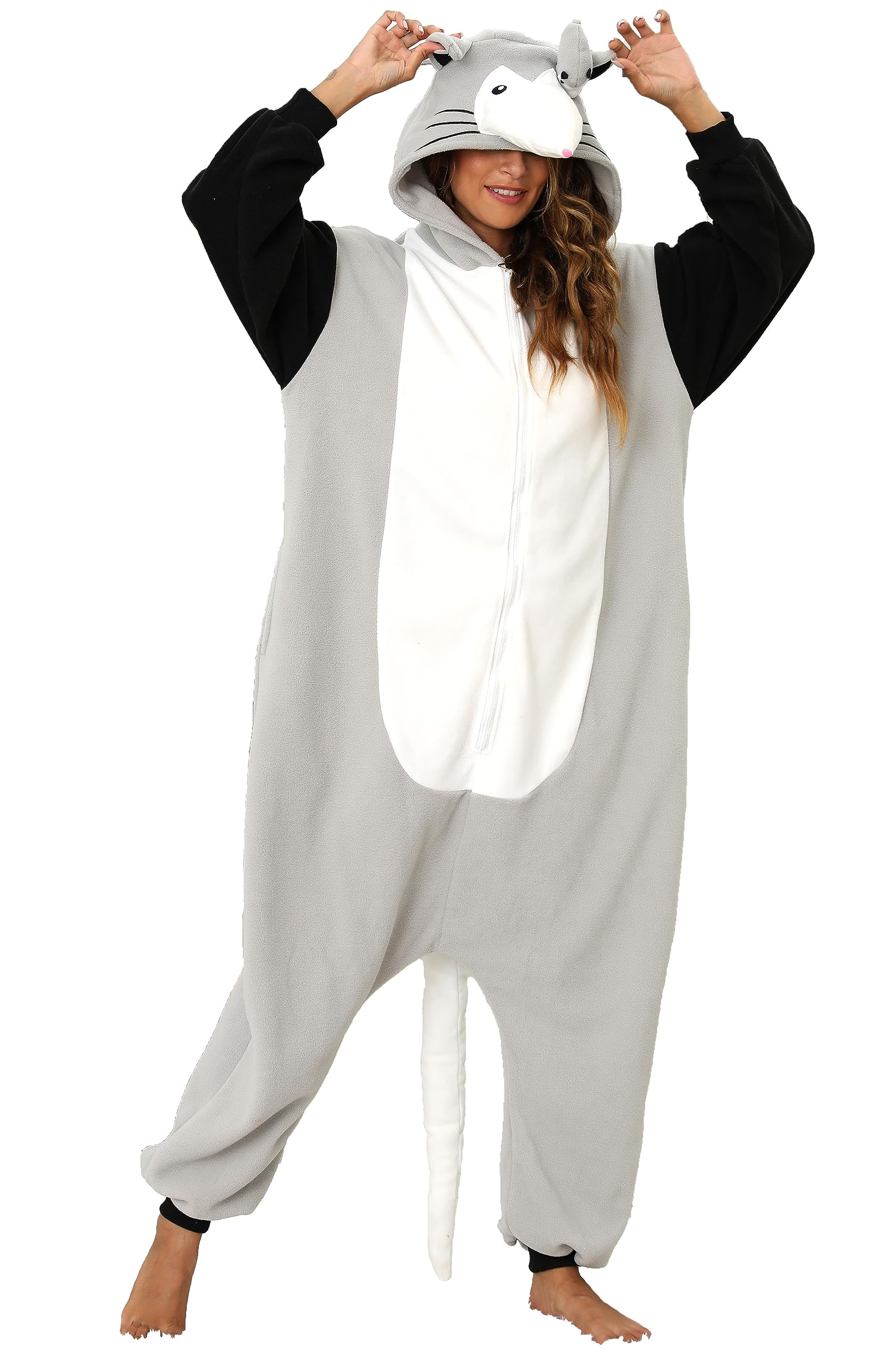 Adult Opossum Onesie Costume – Adorable Possum Pajamas with Baby on Head, Pointed Snout & Long Tail for Halloween