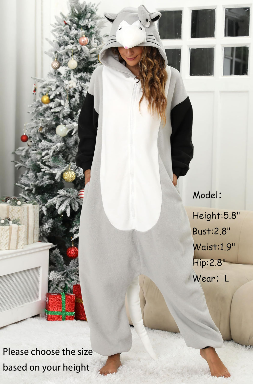 Adult Opossum Onesie Costume – Adorable Possum Pajamas with Baby on Head, Pointed Snout & Long Tail for Halloween