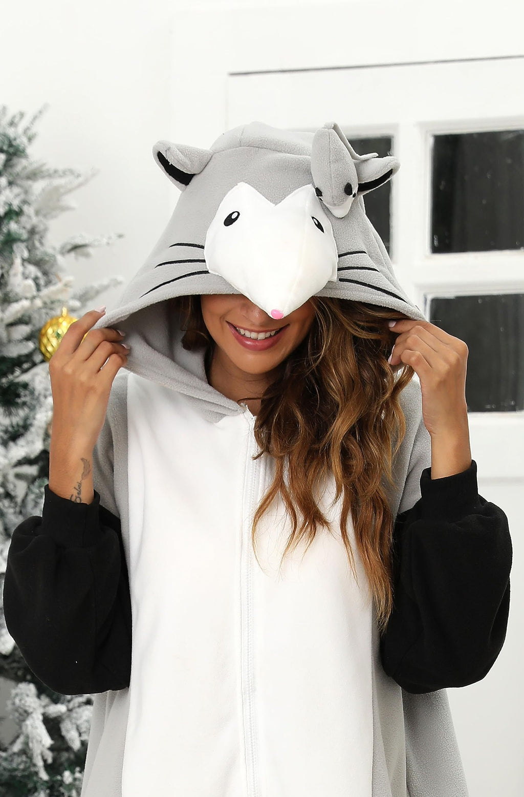 Adult Opossum Onesie Costume – Adorable Possum Pajamas with Baby on Head, Pointed Snout & Long Tail for Halloween