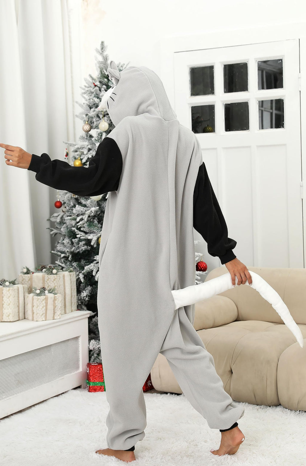 Adult Opossum Onesie Costume – Adorable Possum Pajamas with Baby on Head, Pointed Snout & Long Tail for Halloween