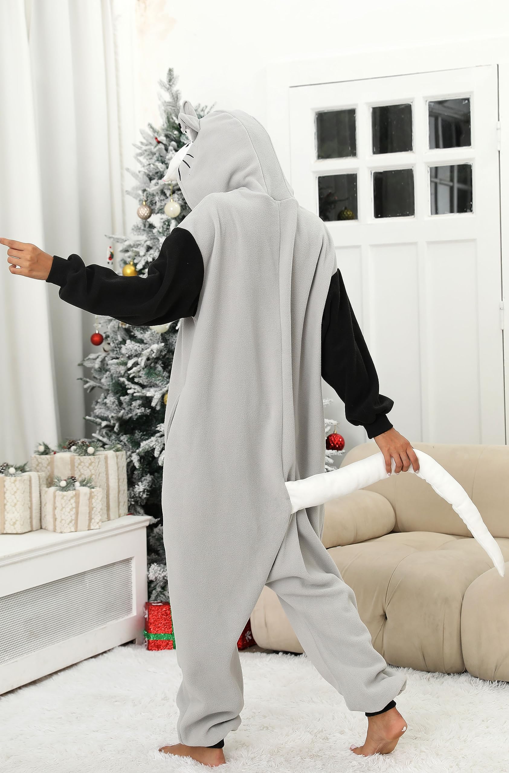 Adult Opossum Onesie Costume – Adorable Possum Pajamas with Baby on Head, Pointed Snout & Long Tail for Halloween