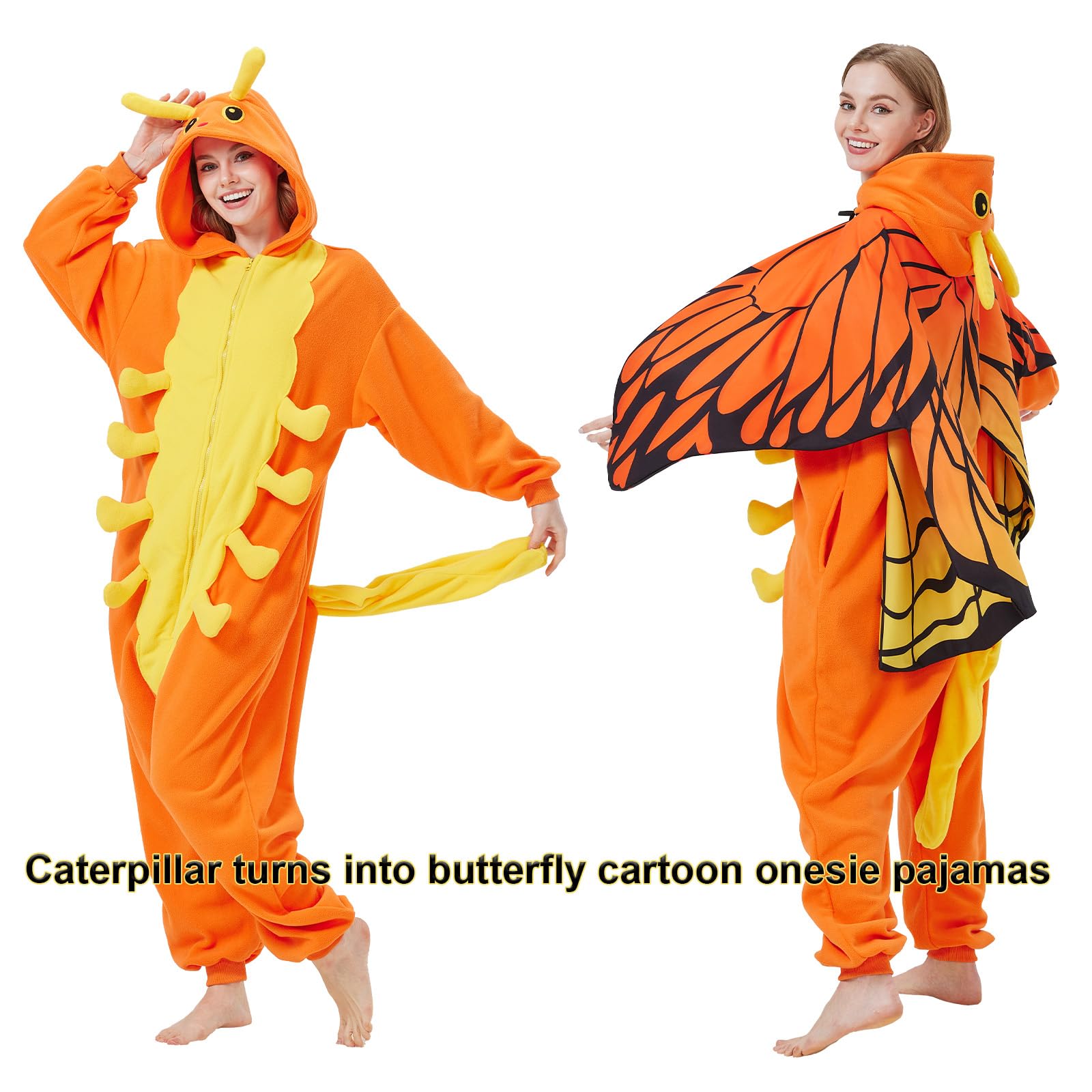 Adult Caterpillar Butterfly Onesie Costume – Metamorphosis Pajamas with Hidden Wings for Halloween & Cosplay