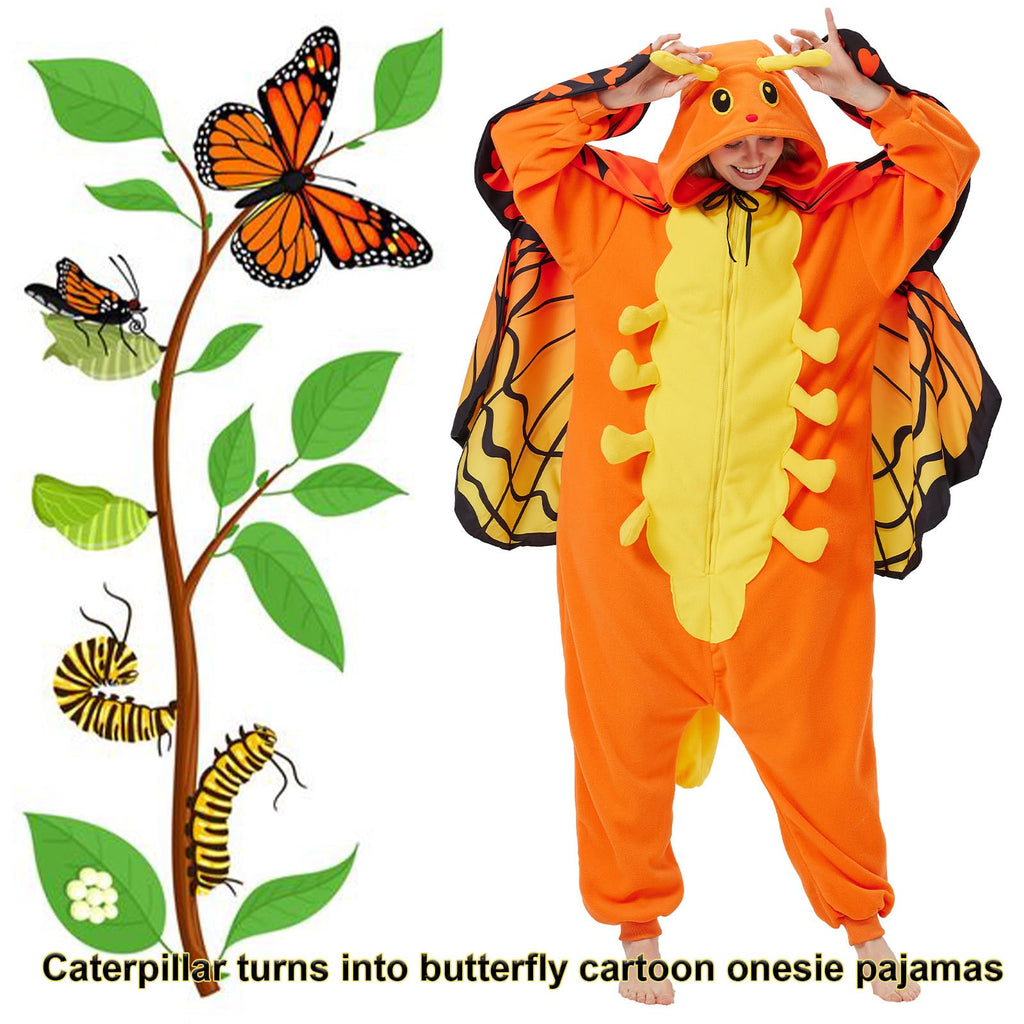 Adult Caterpillar Butterfly Onesie Costume – Metamorphosis Pajamas with Hidden Wings for Halloween & Cosplay