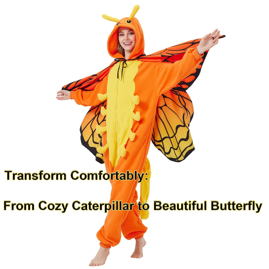 Adult Caterpillar Butterfly Onesie Costume – Metamorphosis Pajamas with Hidden Wings for Halloween & Cosplay