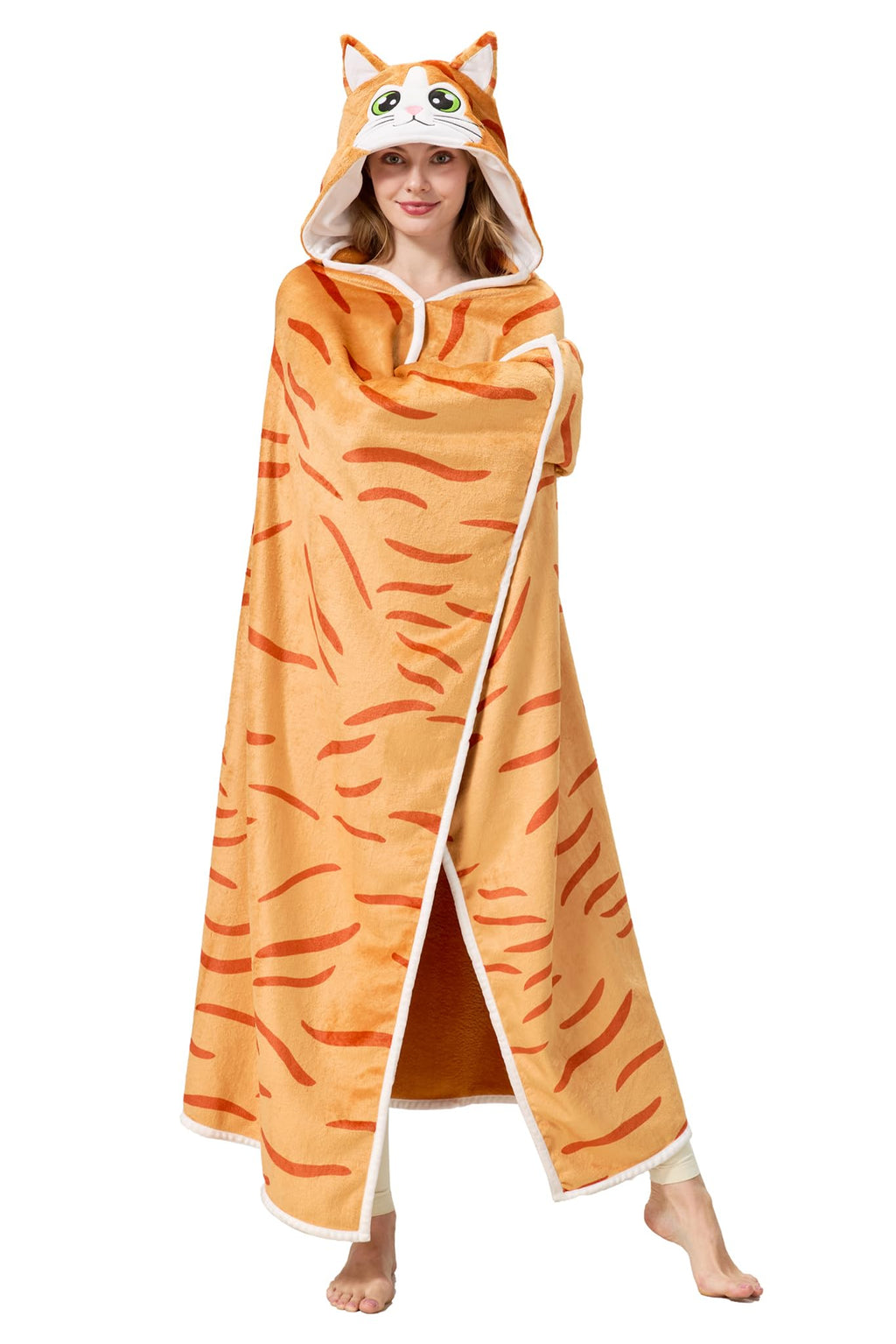 Orange Cat Hooded Blanket – Wearable Cozy Cape with Cat Ears Hood for Adults, Unisex Flannel Fleece Throw