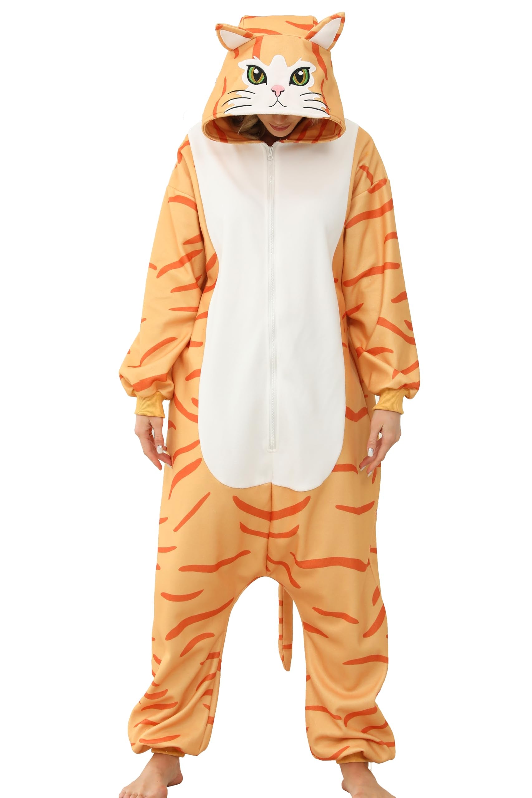 Adult Orange Tabby Cat Onesie Costume – Ginger Cat Pajamas with Realistic Details & Big Claws for Halloween
