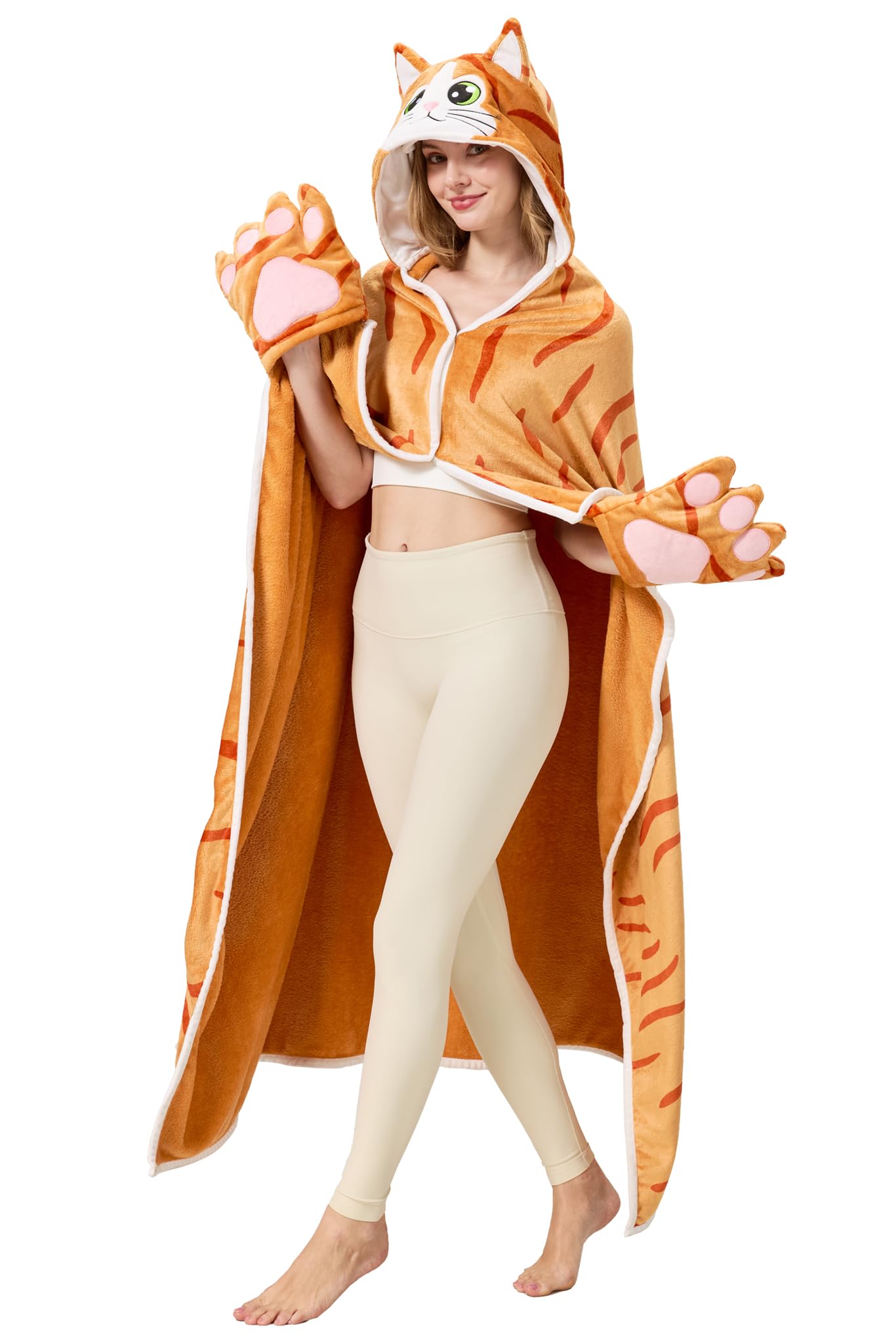 Orange Cat Hooded Blanket – Wearable Cozy Cape with Cat Ears Hood for Adults, Unisex Flannel Fleece Throw