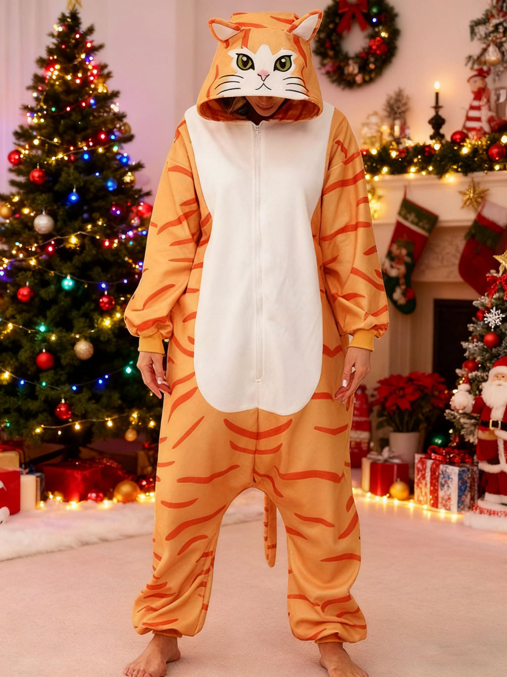 Adult Orange Tabby Cat Onesie Costume – Ginger Cat Pajamas with Realistic Details & Big Claws for Halloween