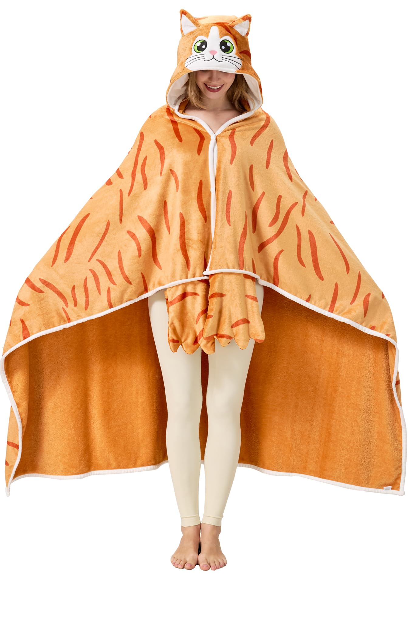 Orange Cat Hooded Blanket – Wearable Cozy Cape with Cat Ears Hood for Adults, Unisex Flannel Fleece Throw