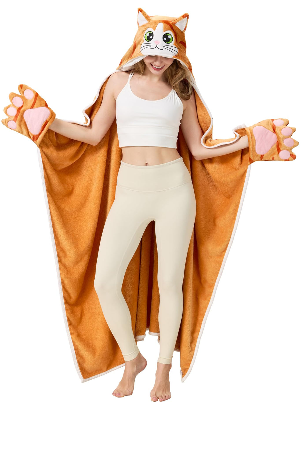 Orange Cat Hooded Blanket – Wearable Cozy Cape with Cat Ears Hood for Adults, Unisex Flannel Fleece Throw