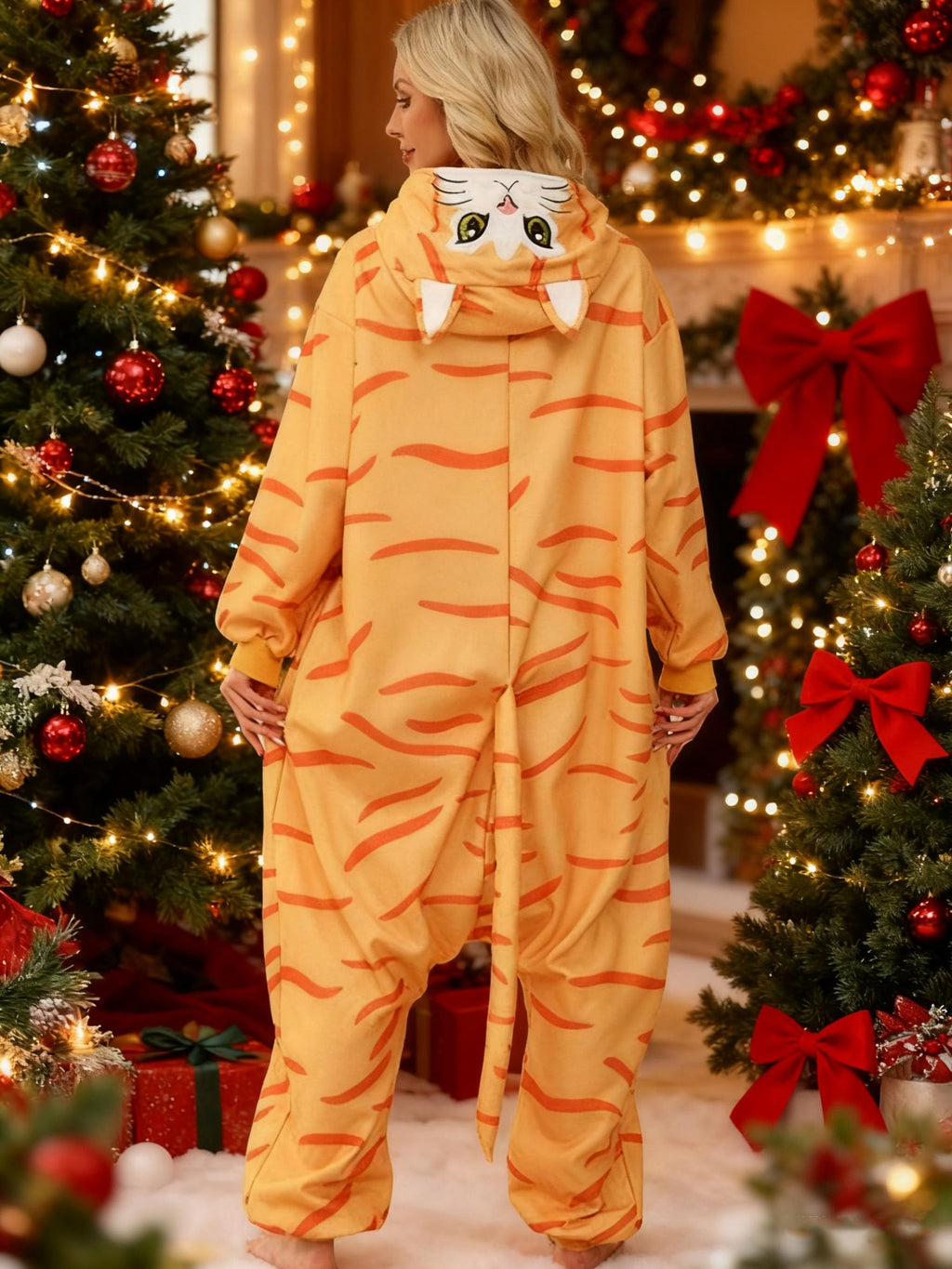 Adult Orange Tabby Cat Onesie Costume – Ginger Cat Pajamas with Realistic Details & Big Claws for Halloween