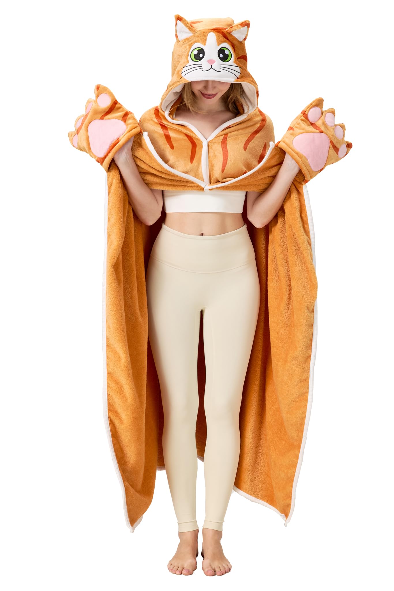 Orange Cat Hooded Blanket – Wearable Cozy Cape with Cat Ears Hood for Adults, Unisex Flannel Fleece Throw
