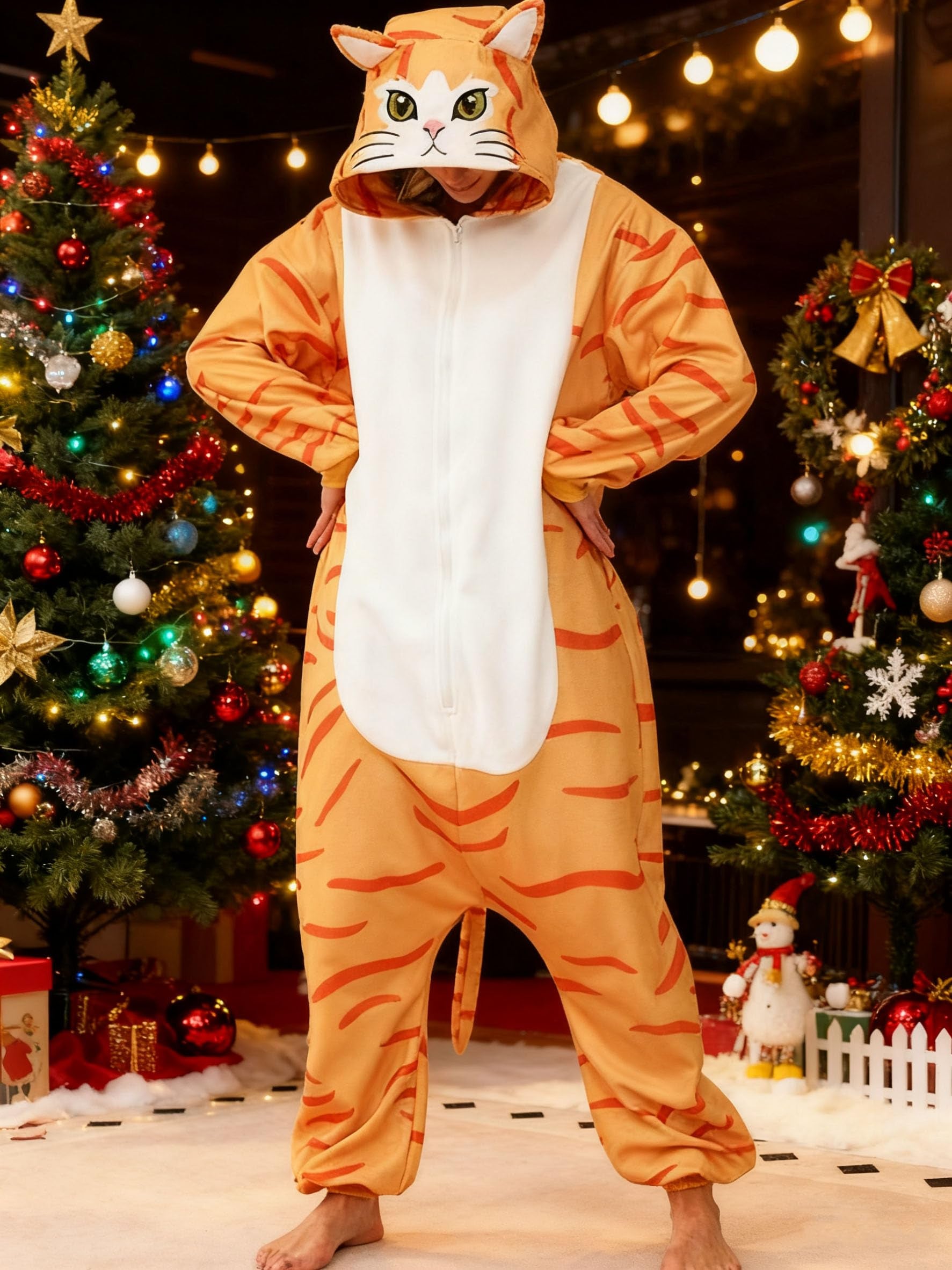 Adult Orange Tabby Cat Onesie Costume – Ginger Cat Pajamas with Realistic Details & Big Claws for Halloween