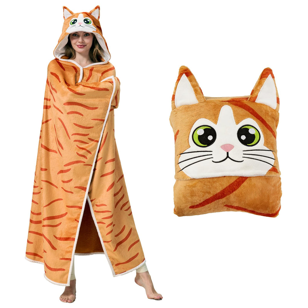 Orange Cat Hooded Blanket – Wearable Cozy Cape with Cat Ears Hood for Adults, Unisex Flannel Fleece Throw