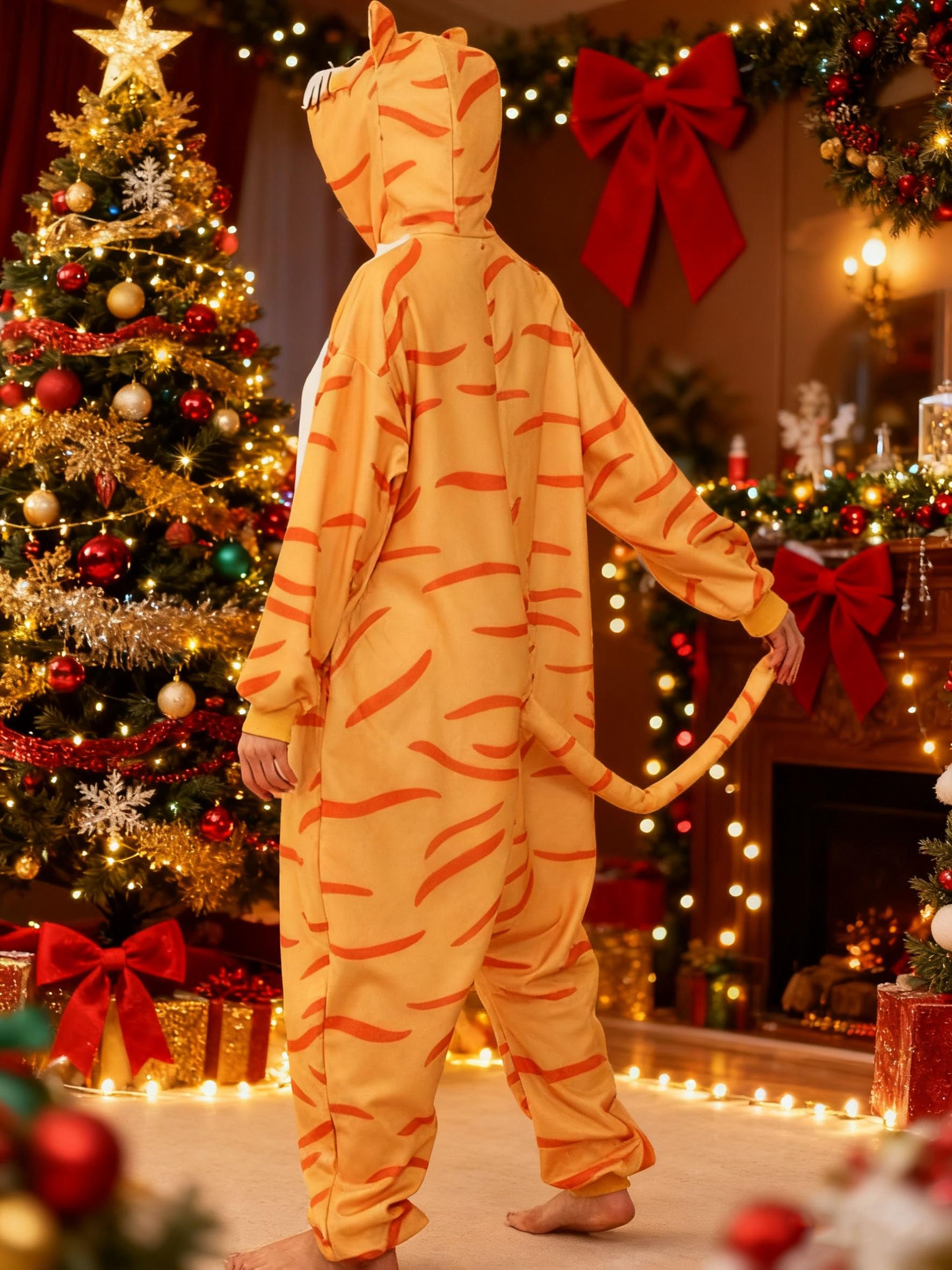 Adult Orange Tabby Cat Onesie Costume – Ginger Cat Pajamas with Realistic Details & Big Claws for Halloween