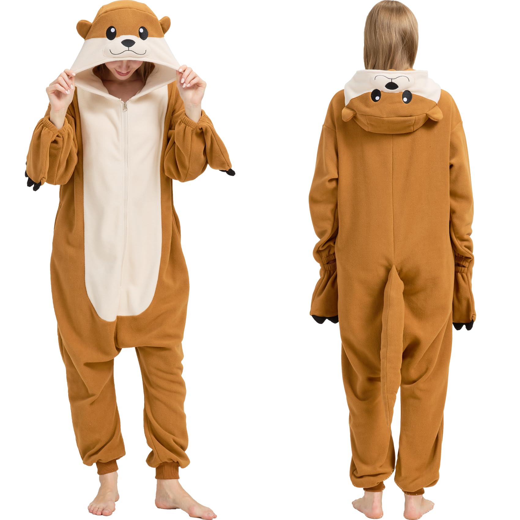 Adult Sea Otter Onesie Costume – Adorable Plush Animal Pajamas with Ears, Tail & Detachable Gloves for Halloween