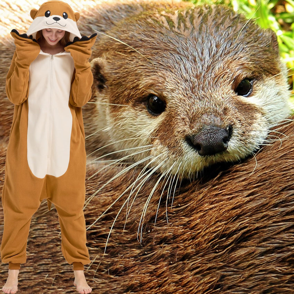 Adult Sea Otter Onesie Costume – Adorable Plush Animal Pajamas with Ears, Tail & Detachable Gloves for Halloween