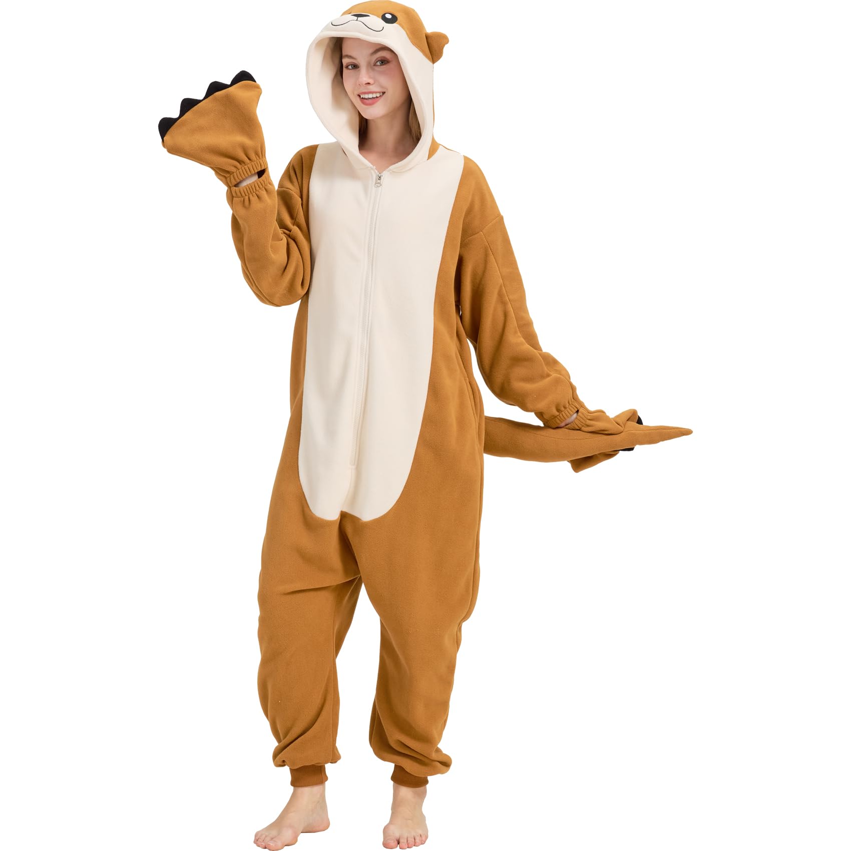 Adult Sea Otter Onesie Costume – Adorable Plush Animal Pajamas with Ears, Tail & Detachable Gloves for Halloween
