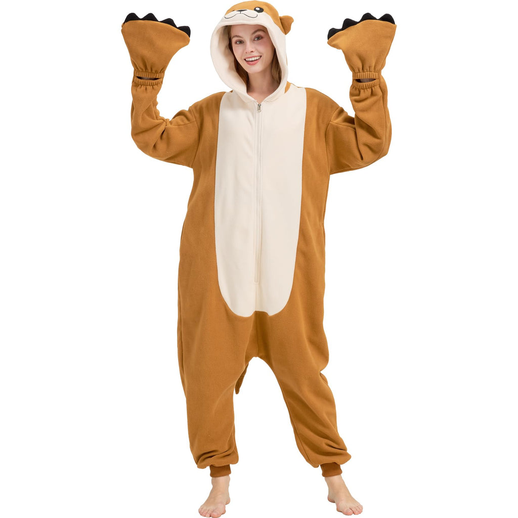 Adult Sea Otter Onesie Costume – Adorable Plush Animal Pajamas with Ears, Tail & Detachable Gloves for Halloween