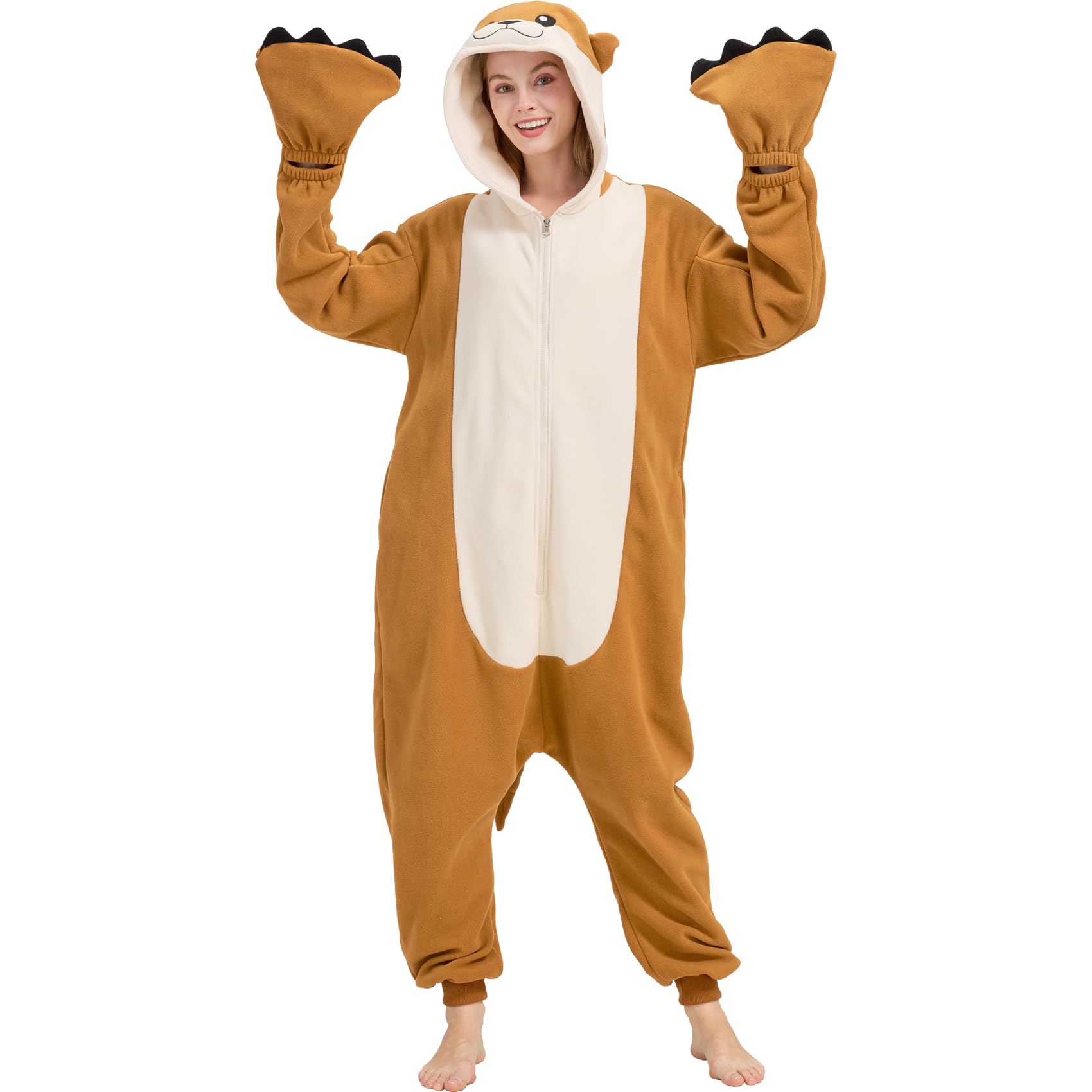 Adult Sea Otter Onesie Costume – Adorable Plush Animal Pajamas with Ears, Tail & Detachable Gloves for Halloween