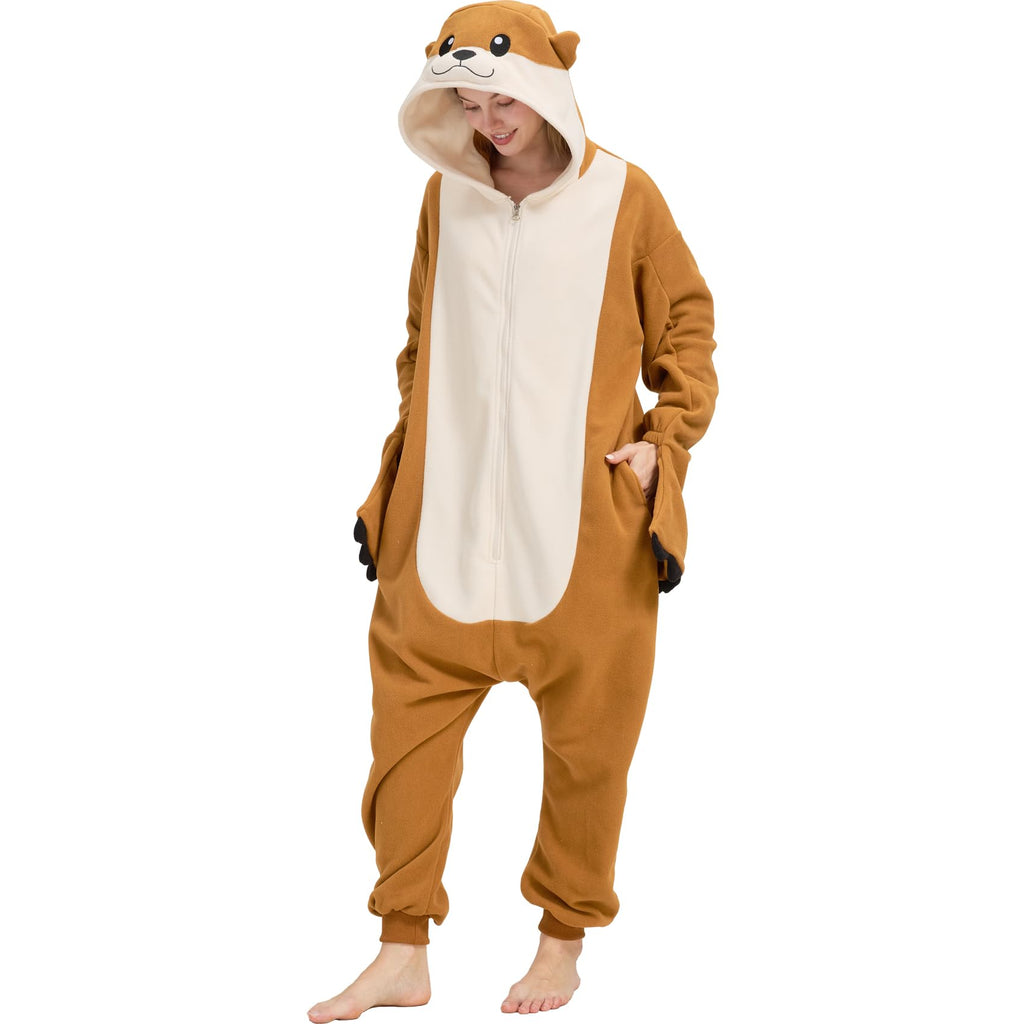 Adult Sea Otter Onesie Costume – Adorable Plush Animal Pajamas with Ears, Tail & Detachable Gloves for Halloween