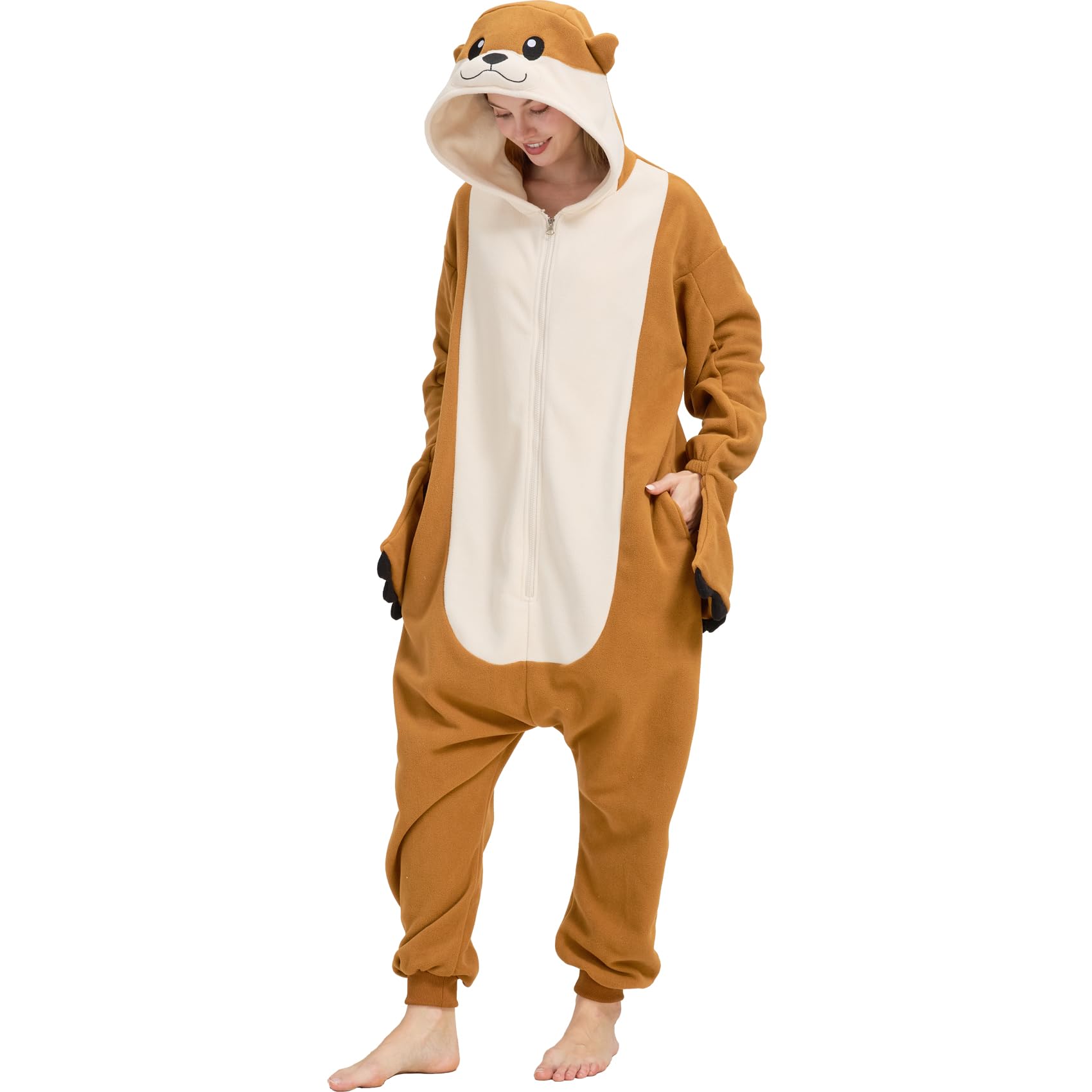 Adult Sea Otter Onesie Costume – Adorable Plush Animal Pajamas with Ears, Tail & Detachable Gloves for Halloween