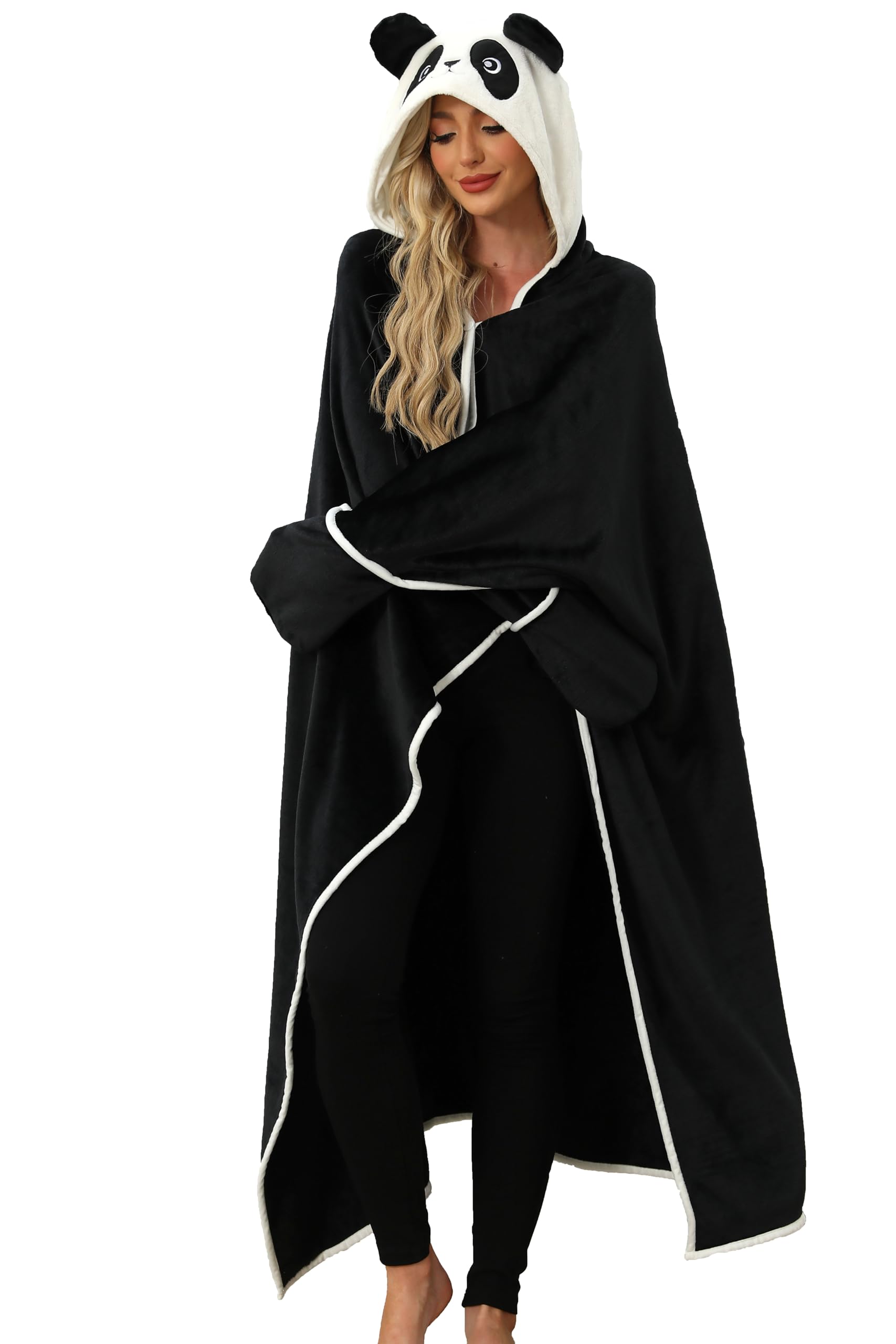 Panda Hooded Blanket – Wearable Cozy Cape with Panda Ears Hood for Adults, Unisex Flannel Fleece Throw