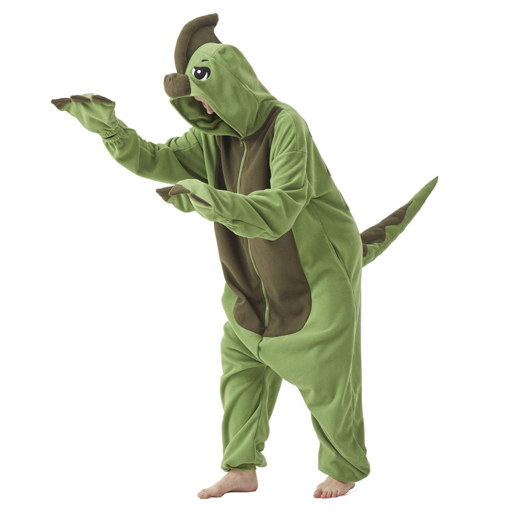 Adult Parasaurolophus Onesie Costume – Duck-Billed Dinosaur Pajamas with Iconic Head Crest for Halloween & Cosplay