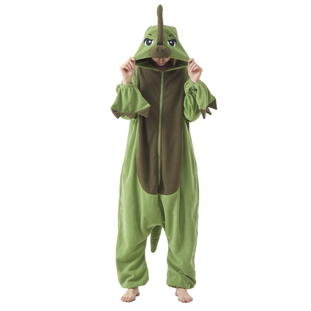 Adult Parasaurolophus Onesie Costume – Duck-Billed Dinosaur Pajamas with Iconic Head Crest for Halloween & Cosplay