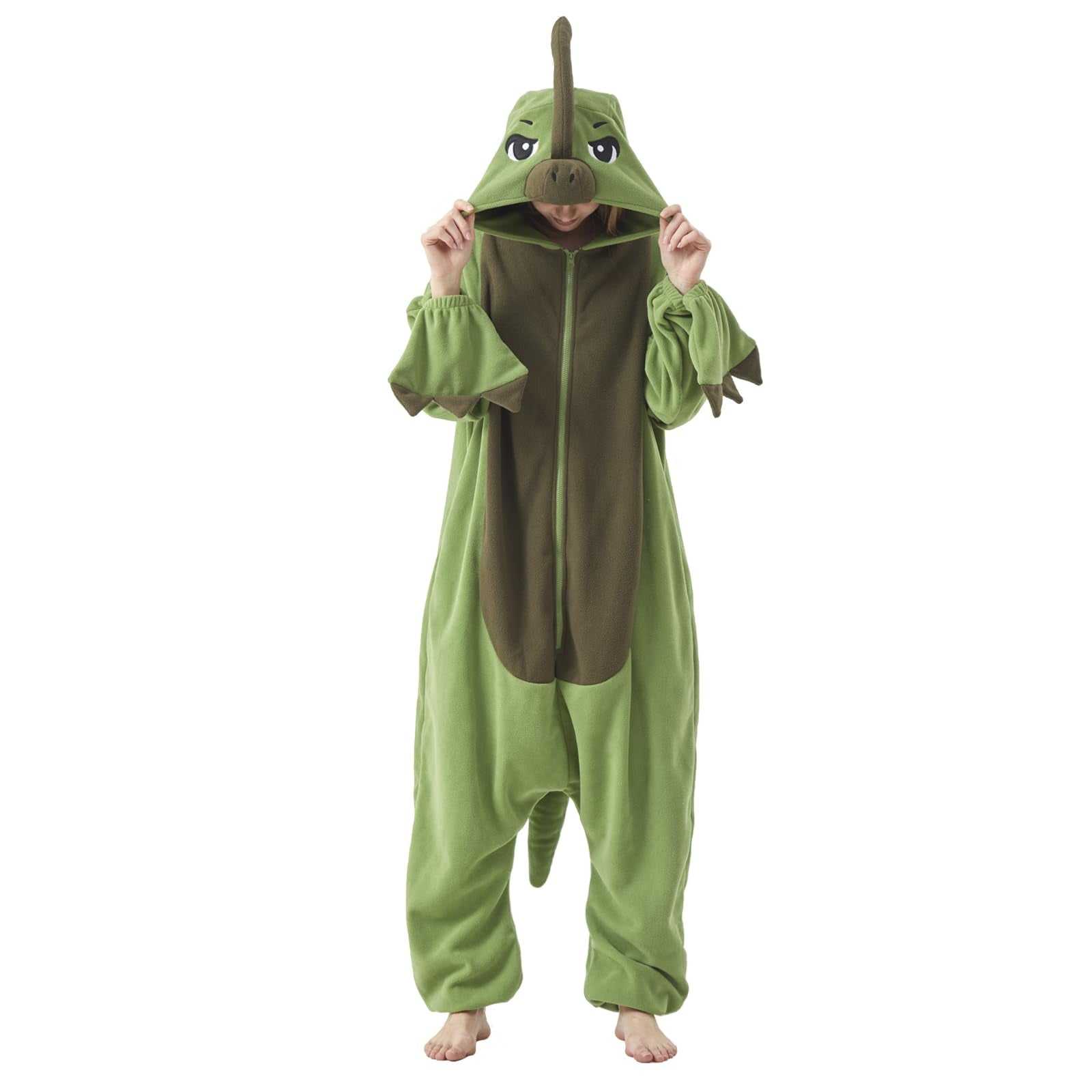 Adult Parasaurolophus Onesie Costume – Duck-Billed Dinosaur Pajamas with Iconic Head Crest for Halloween & Cosplay