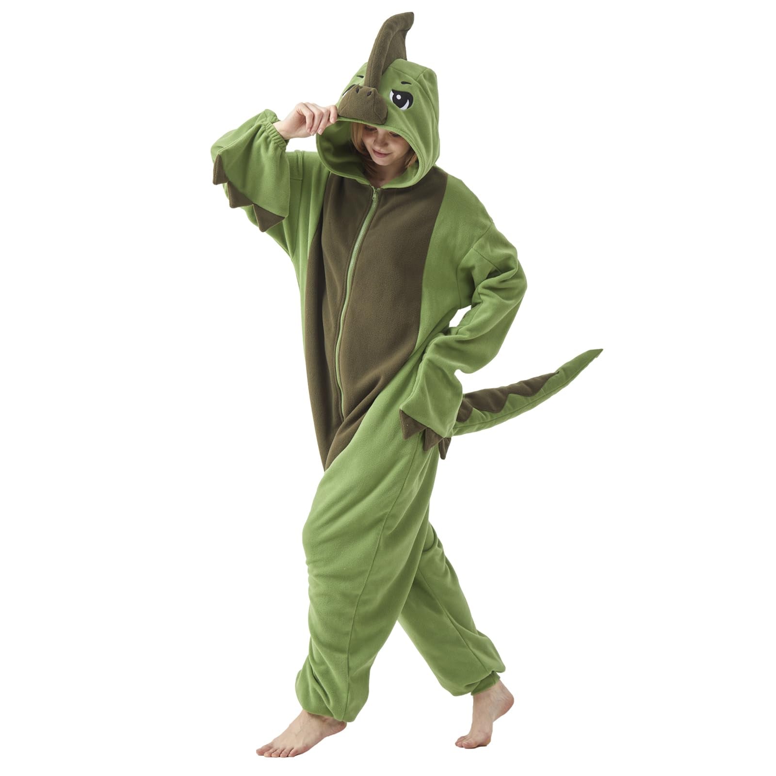 Adult Parasaurolophus Onesie Costume – Duck-Billed Dinosaur Pajamas with Iconic Head Crest for Halloween & Cosplay