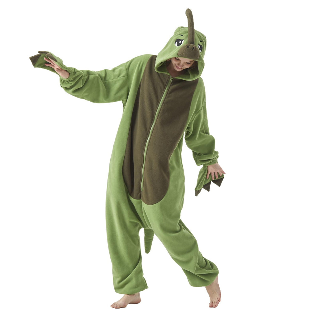 Adult Parasaurolophus Onesie Costume – Duck-Billed Dinosaur Pajamas with Iconic Head Crest for Halloween & Cosplay