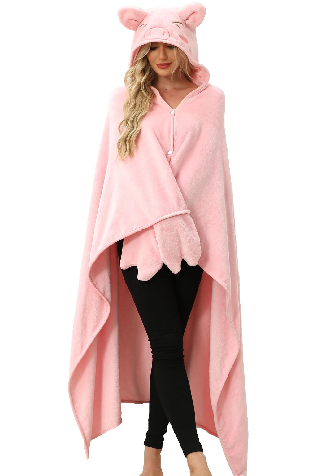 Pink Pig Hooded Blanket – Wearable Cozy Cape with Snout Hood for Adults, Unisex Flannel Fleece Throw for Lounging