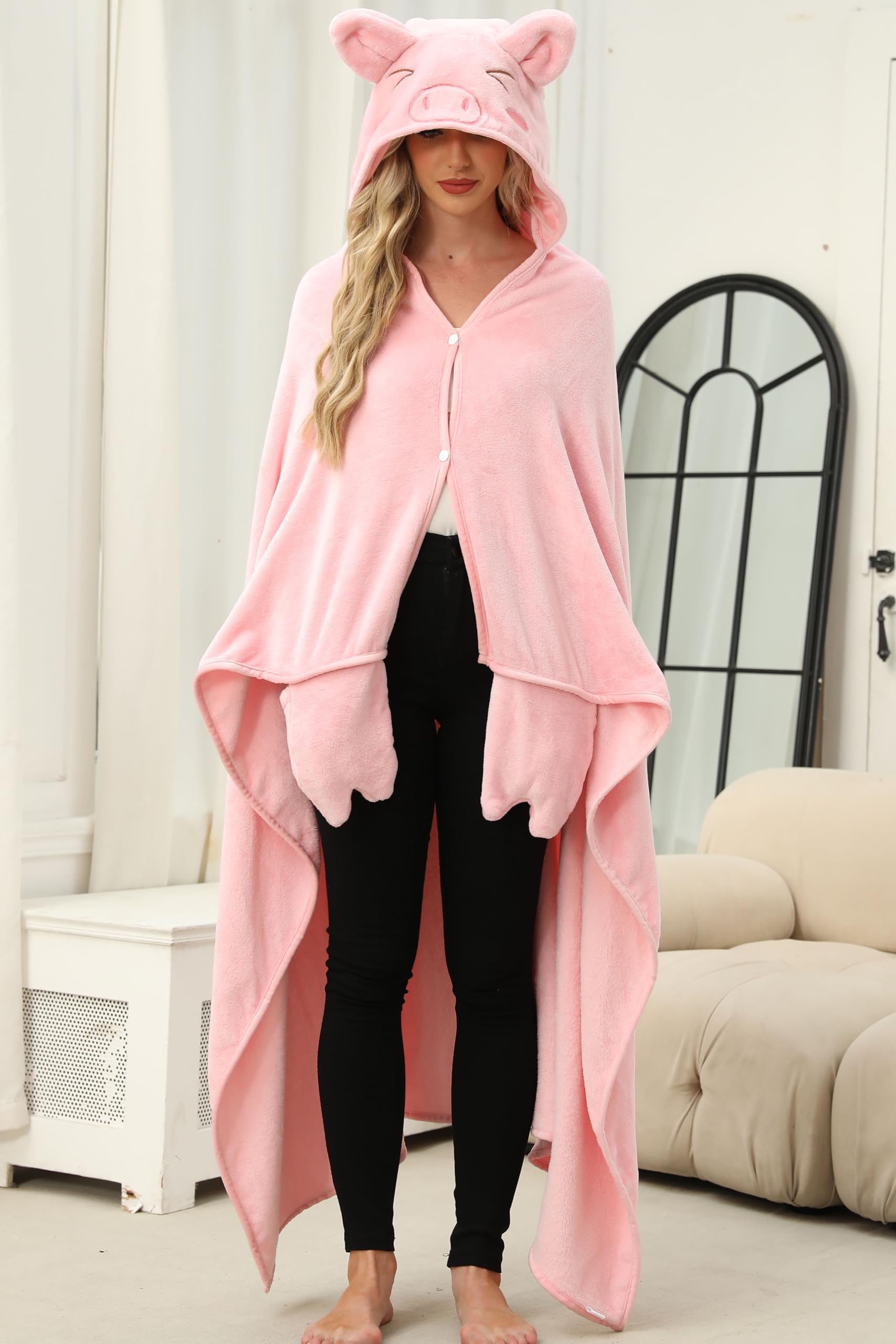 Pink Pig Hooded Blanket – Wearable Cozy Cape with Snout Hood for Adults, Unisex Flannel Fleece Throw for Lounging