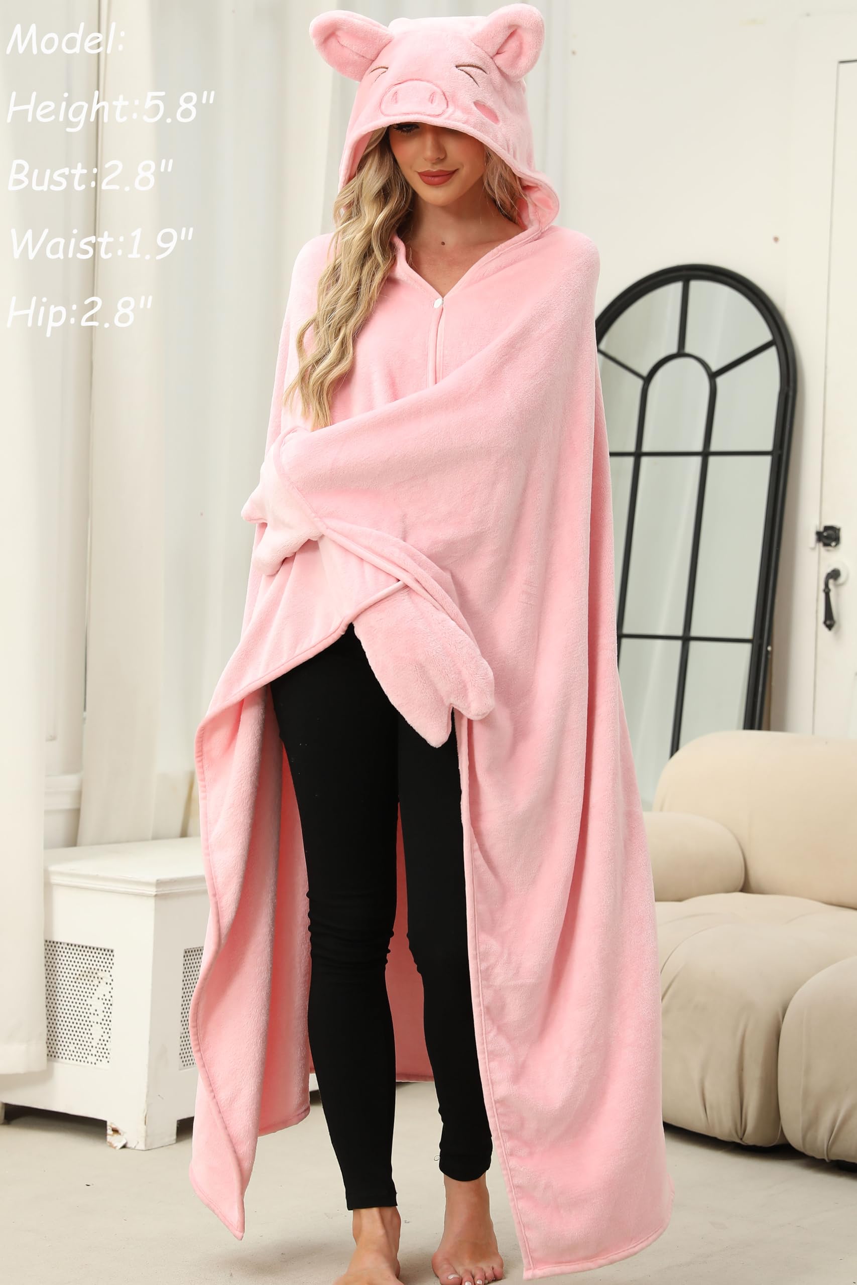 Pink Pig Hooded Blanket – Wearable Cozy Cape with Snout Hood for Adults, Unisex Flannel Fleece Throw for Lounging
