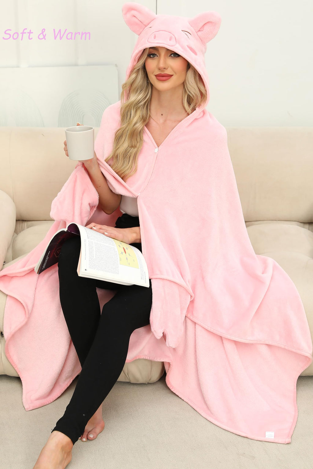 Pink Pig Hooded Blanket – Wearable Cozy Cape with Snout Hood for Adults, Unisex Flannel Fleece Throw for Lounging
