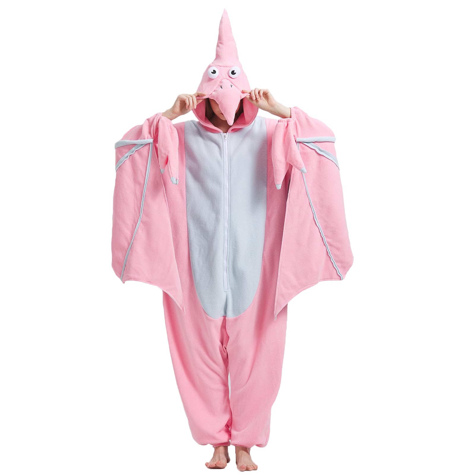 Adult Pink Pterosaur Onesie Costume – Prehistoric Flying Dinosaur Pajamas with Realistic Details for Halloween & Cosplay
