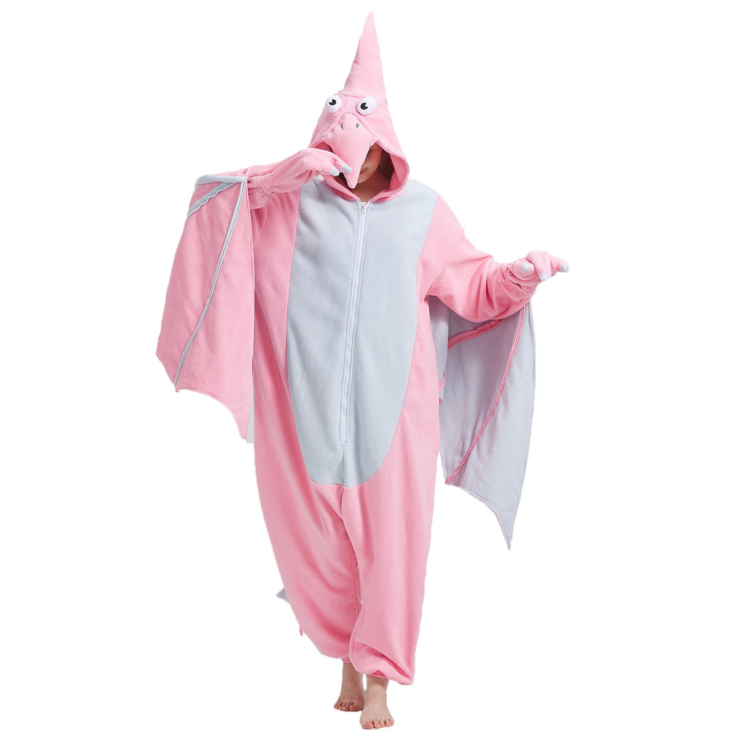Adult Pink Pterosaur Onesie Costume – Prehistoric Flying Dinosaur Pajamas with Realistic Details for Halloween & Cosplay