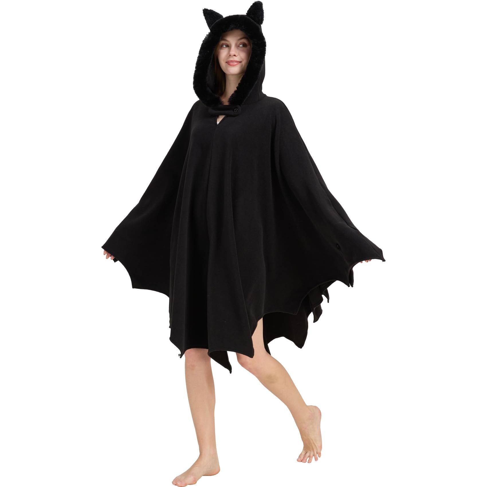 Bat Wing Hooded Cape – Cozy Gothic Bat Costume with Furry Hood & Wings for Halloween & Cosplay