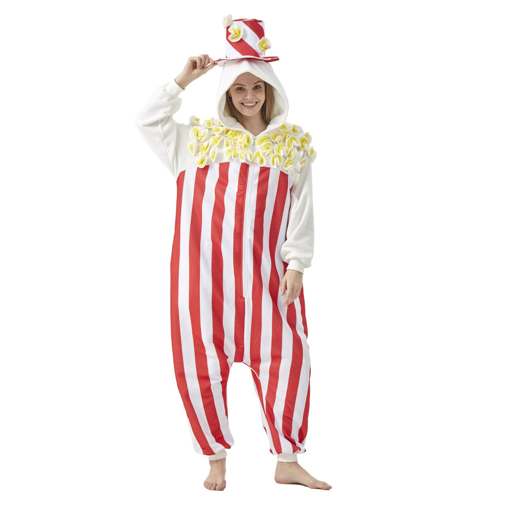 Adult Popcorn Onesie Costume – Funny Snack Pajamas with Unique Popcorn Design for Halloween & Costume Parties