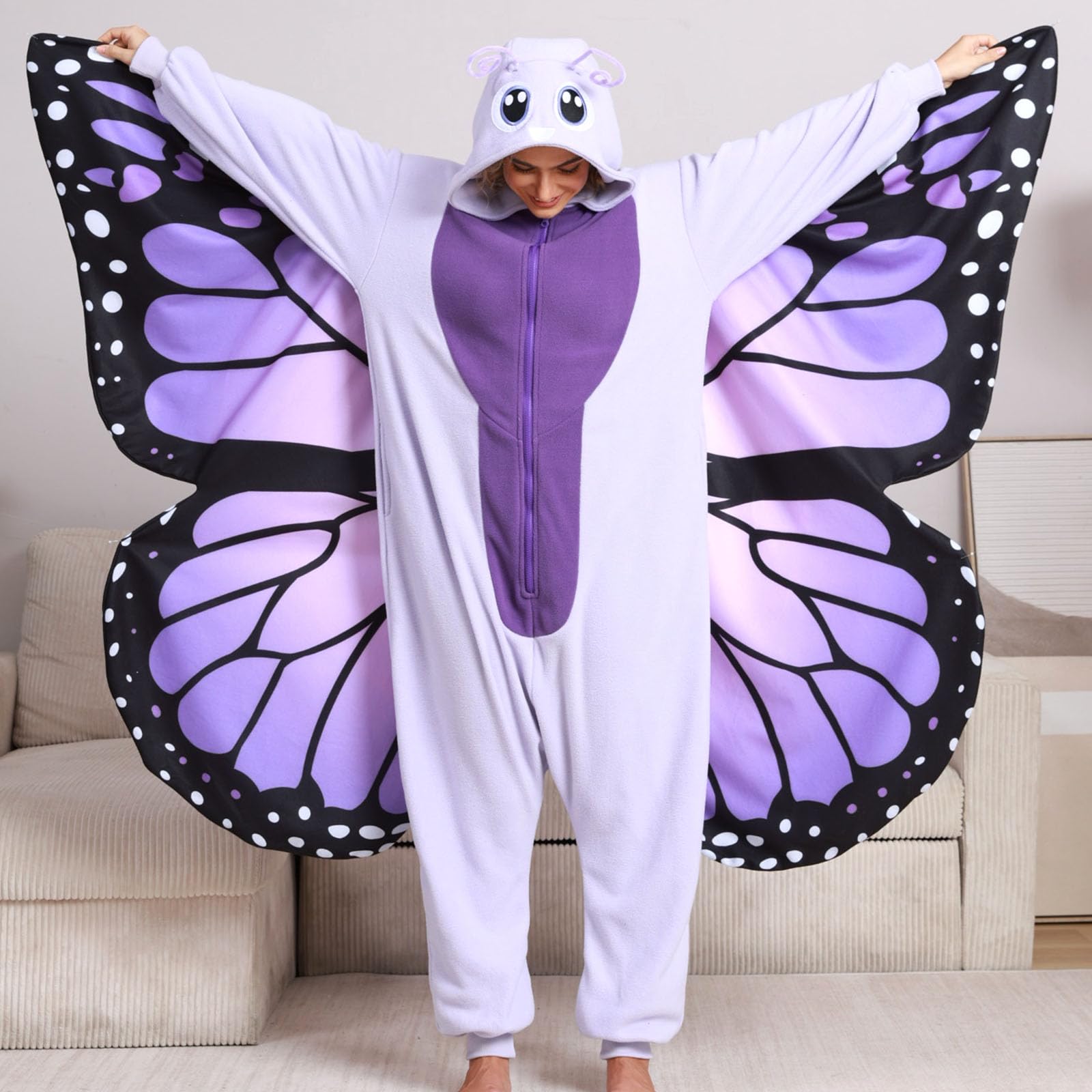 Adult Butterfly Onesie Costume – Purple Wings Plush Pajamas for Women, Enchanting Cosplay & Halloween Wear