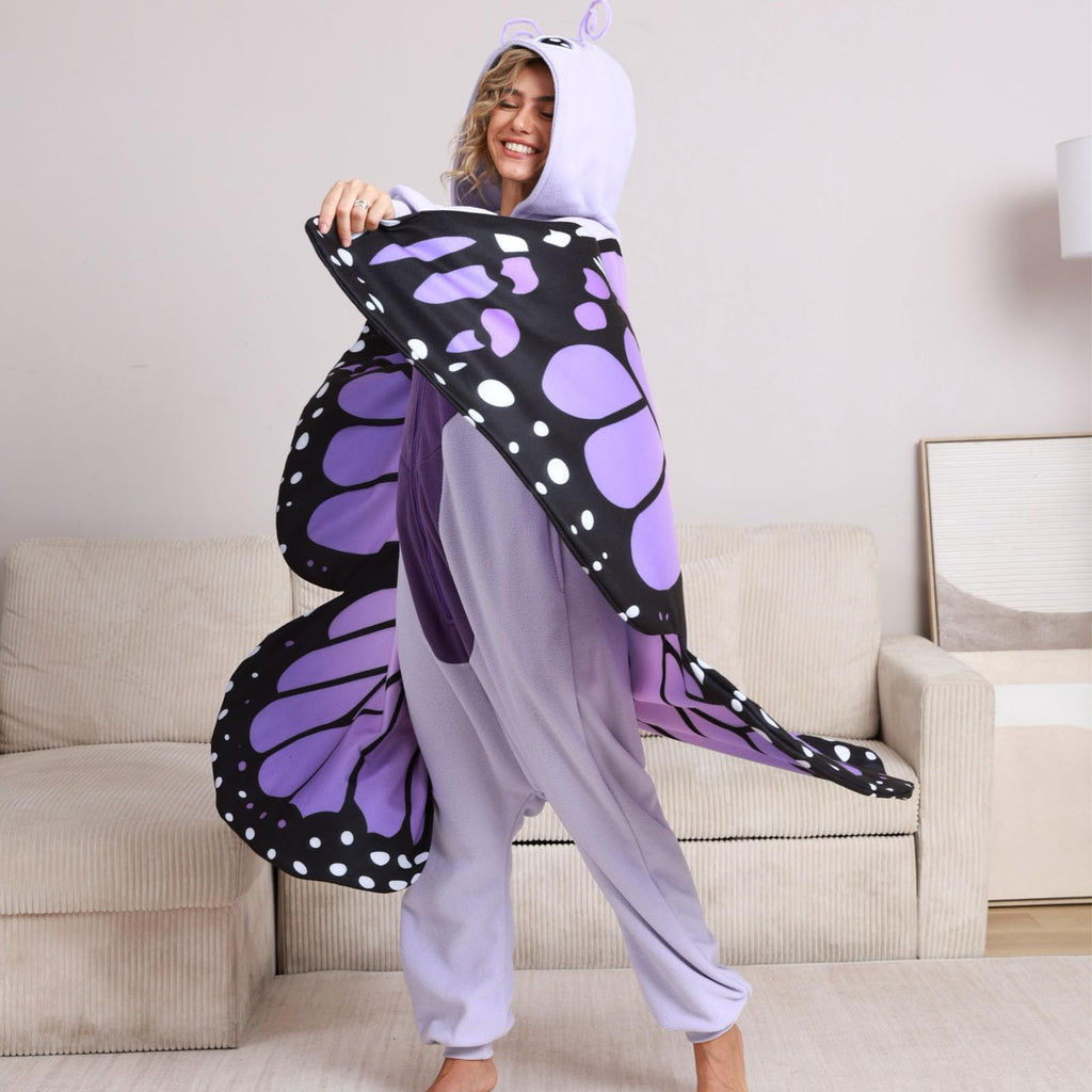 Adult Butterfly Onesie Costume – Purple Wings Plush Pajamas for Women, Enchanting Cosplay & Halloween Wear