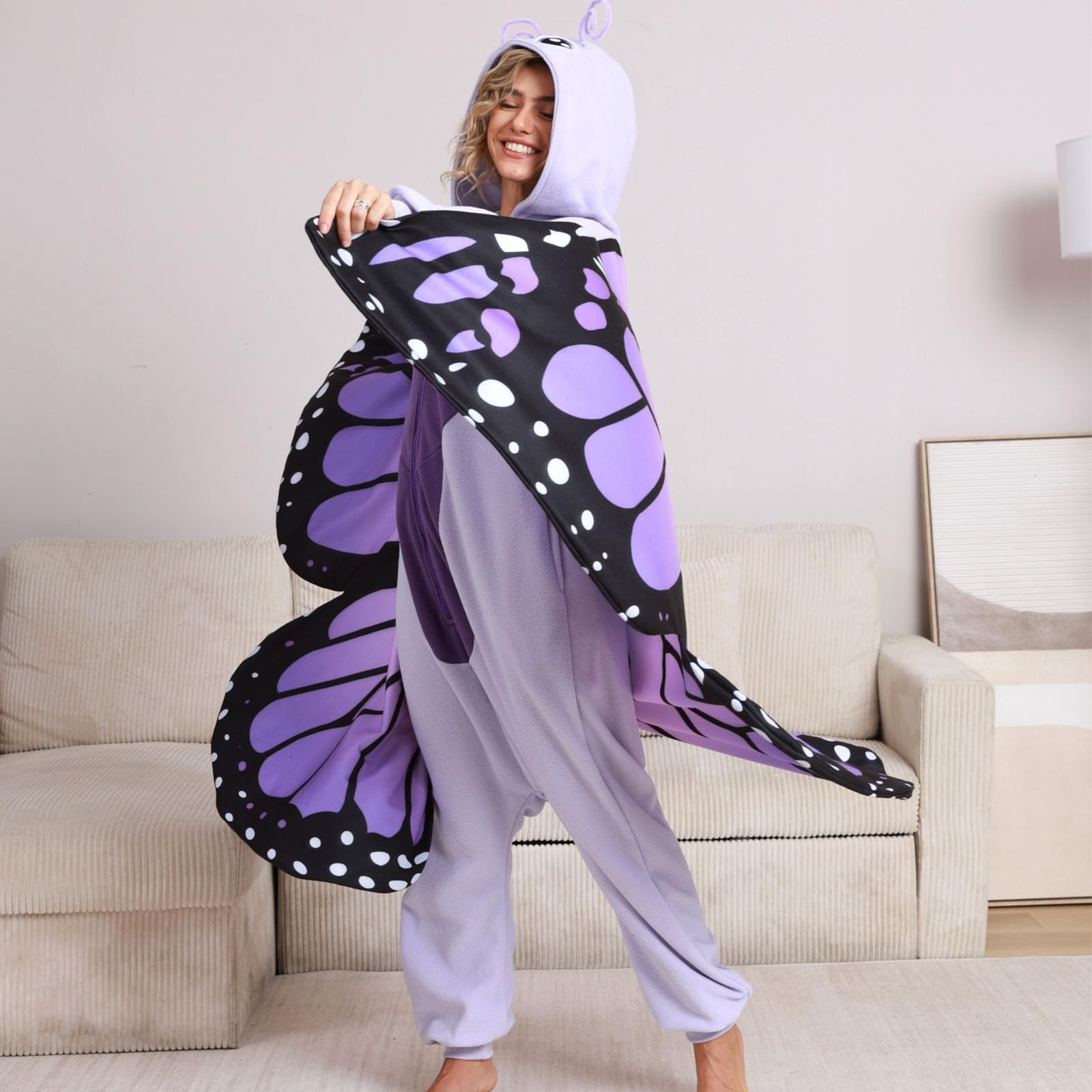 Adult Butterfly Onesie Costume – Purple Wings Plush Pajamas for Women, Enchanting Cosplay & Halloween Wear